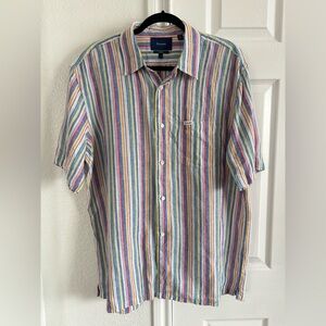 Faconnable Vintage Multicolor Stripe Short Sleeve Thick Linen Sport Shirt Size L